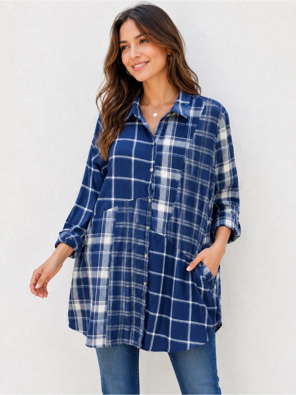 J. Jill 100%‎ cotton Blue and White Plaid Long-Sleeve Shirt Dress L
